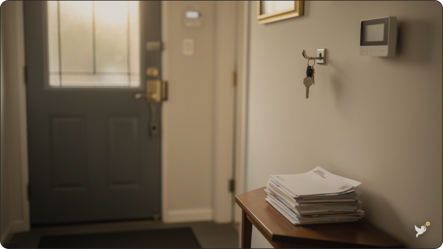 Securing the house and collecting the mail before any sorting begins — clearing out a house