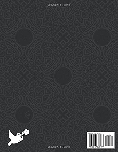Back cover of I'm Dead, Now What? — dark charcoal mandala pattern with a white dove carrying a flower