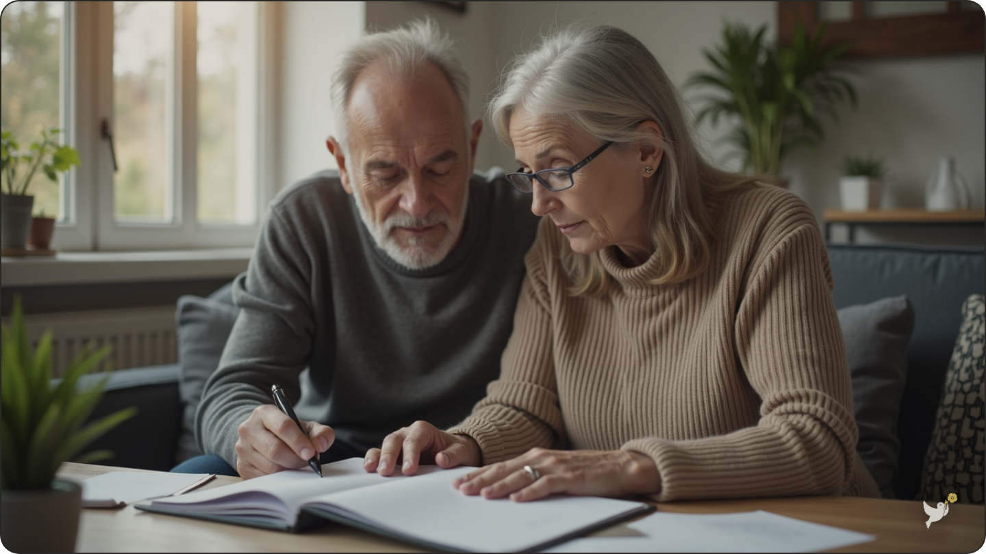 Adult child and parent discussing estate planning documents together