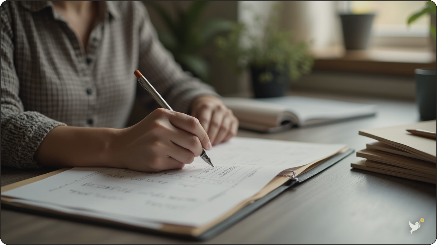 Woman sorting important family papers into labeled folders at home — organize important documents