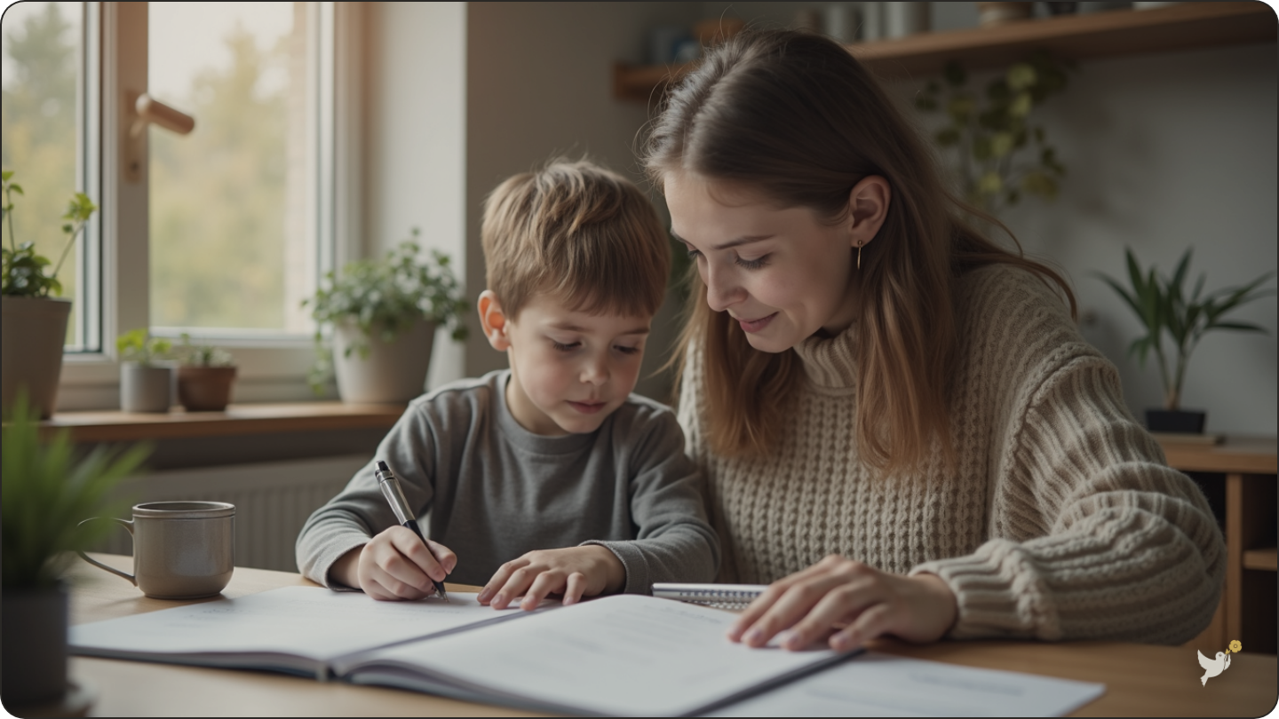 Adult child and parent reviewing important family documents together at home