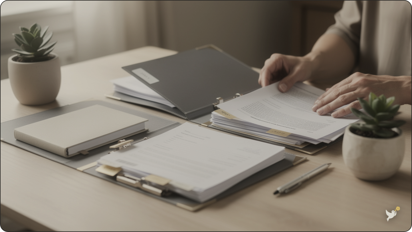 Hands sorting important papers into labeled folders — organize important documents