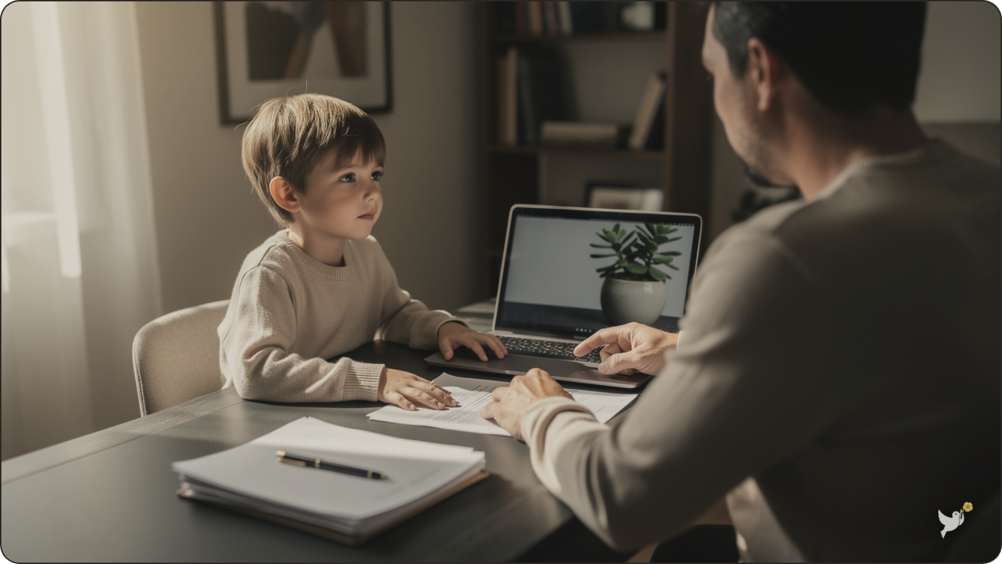 A parent and child reviewing family documents together at home
