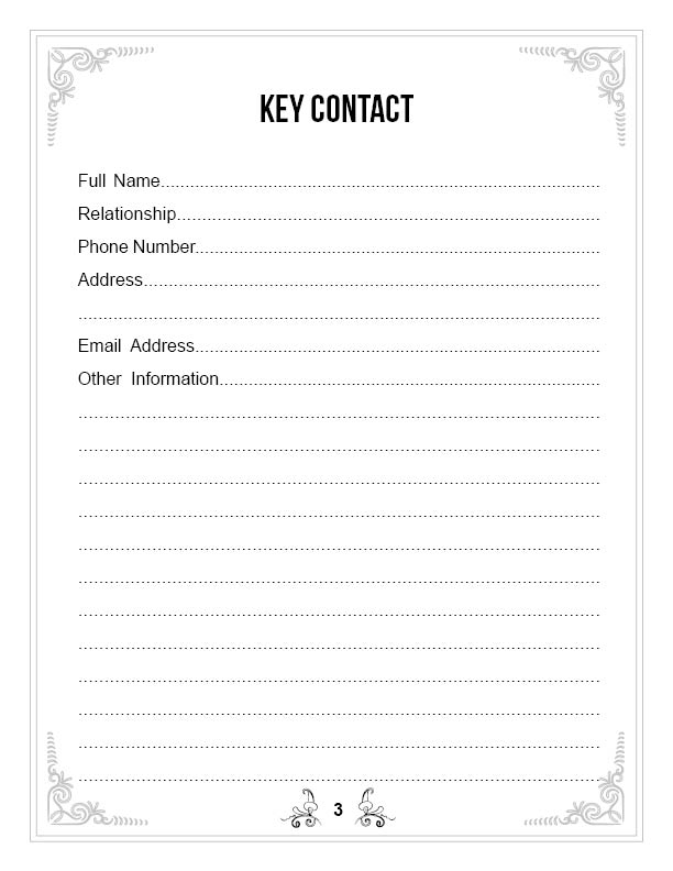 Key Contact page with ruled lines for the primary contact's name, relationship and details