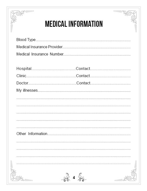 Medical Information page with lines for blood type, insurance, hospital and doctor contacts