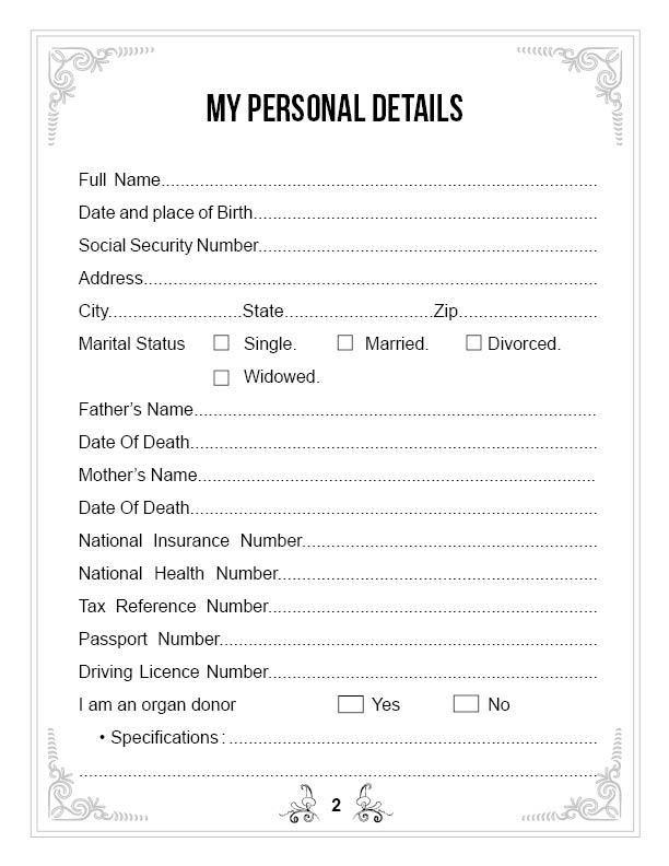 My Personal Details page with ruled lines for name, birth details, identification numbers and organ-donor wishes