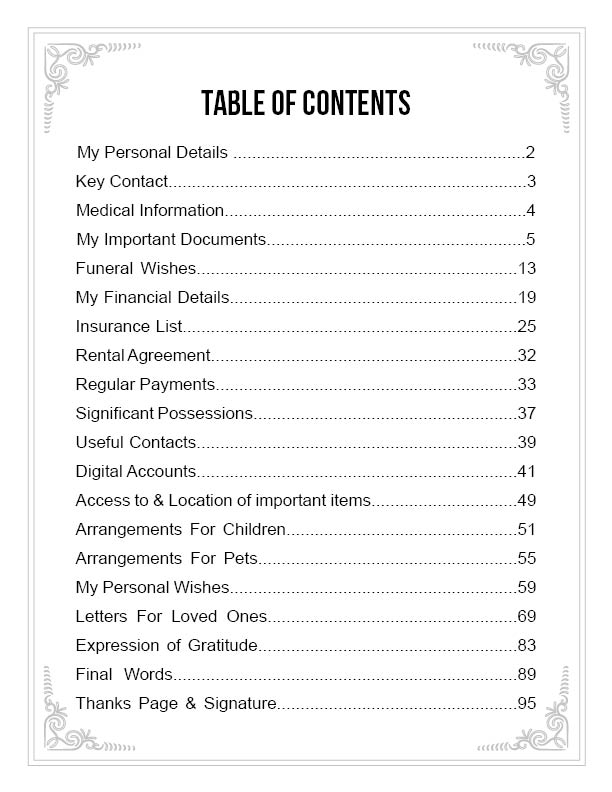 Table of contents listing the planner's twenty sections with page numbers