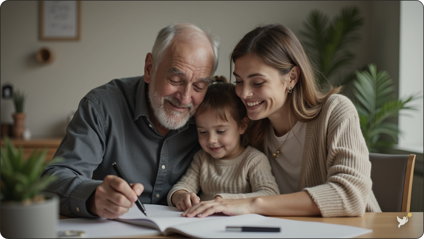 Family reviewing organized account information together at home