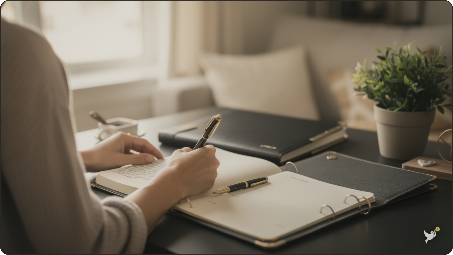 A woman writing her wishes into a planner by a window