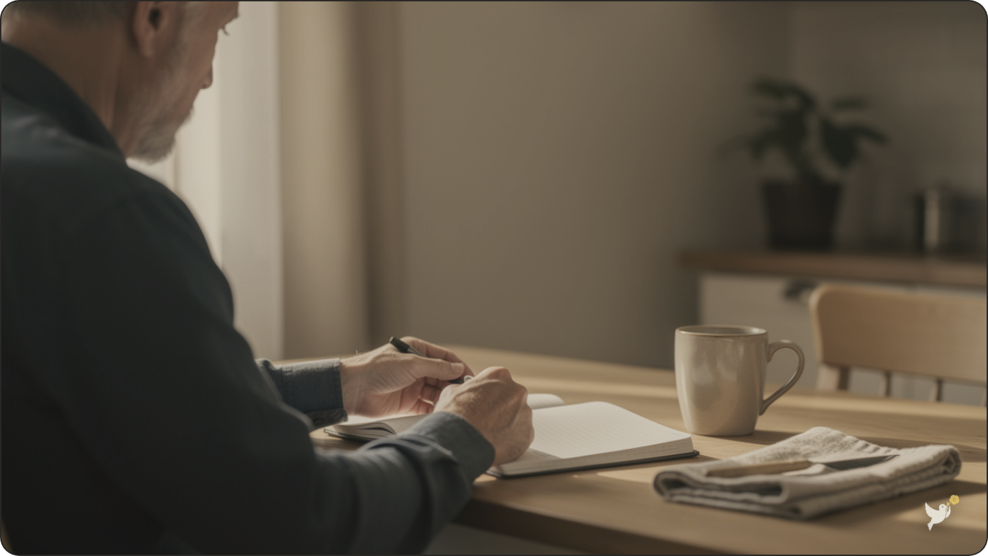 An adult son talking with his aging father about end-of-life planning at home — planning for parents