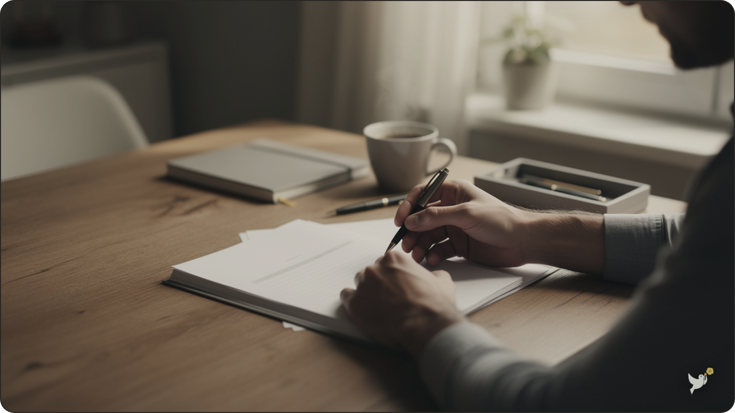 Man's hands signing an important document at home — planning in your 40s