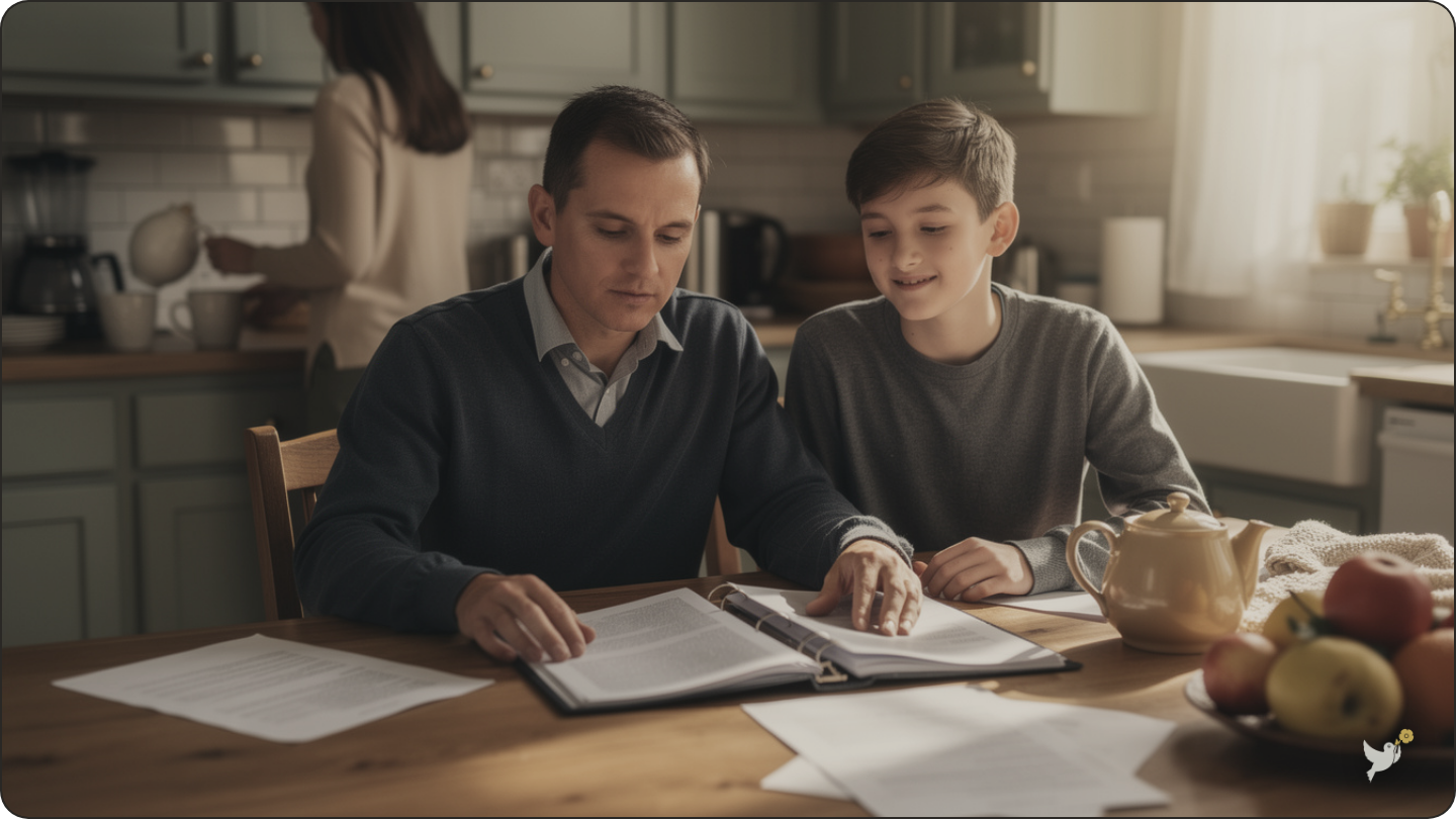 A family reviewing documents together at the kitchen table