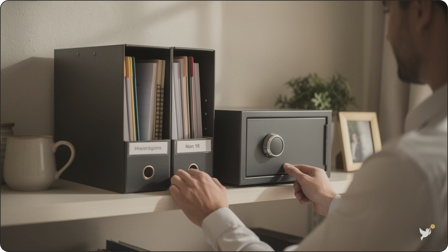 An organized home file box used to store important end-of-life planning documents