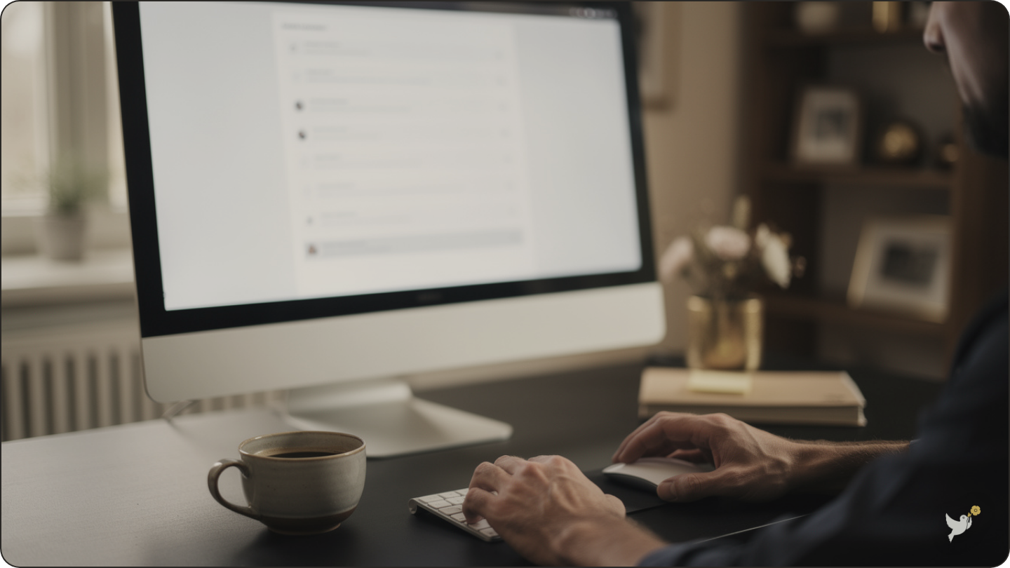 A man reviewing email and account information after a death