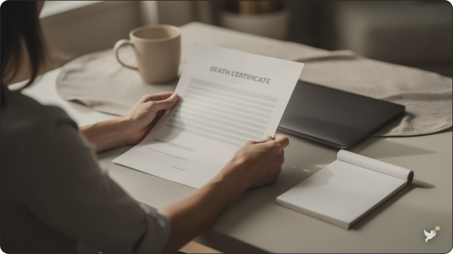 Hands holding paperwork needed to request access to a deceased person's email account — email access after death