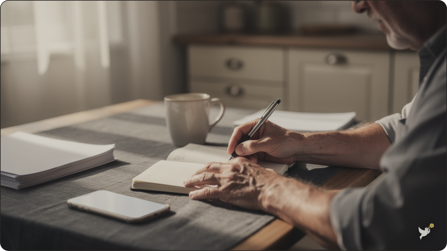 A family member writing down account details while learning how to access a deceased person's email account