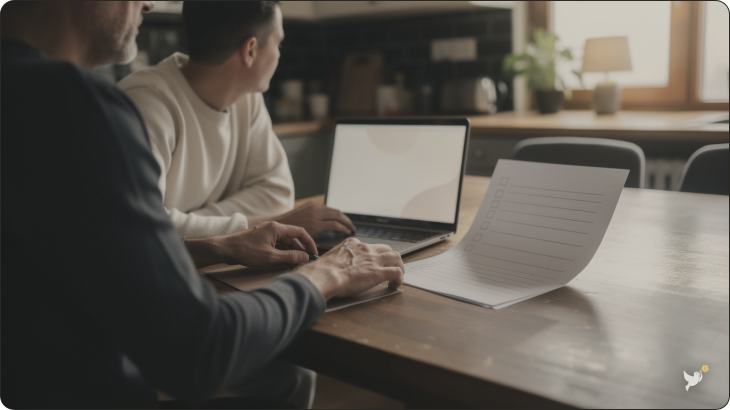 Father and son reviewing a password manager for estate planning checklist together