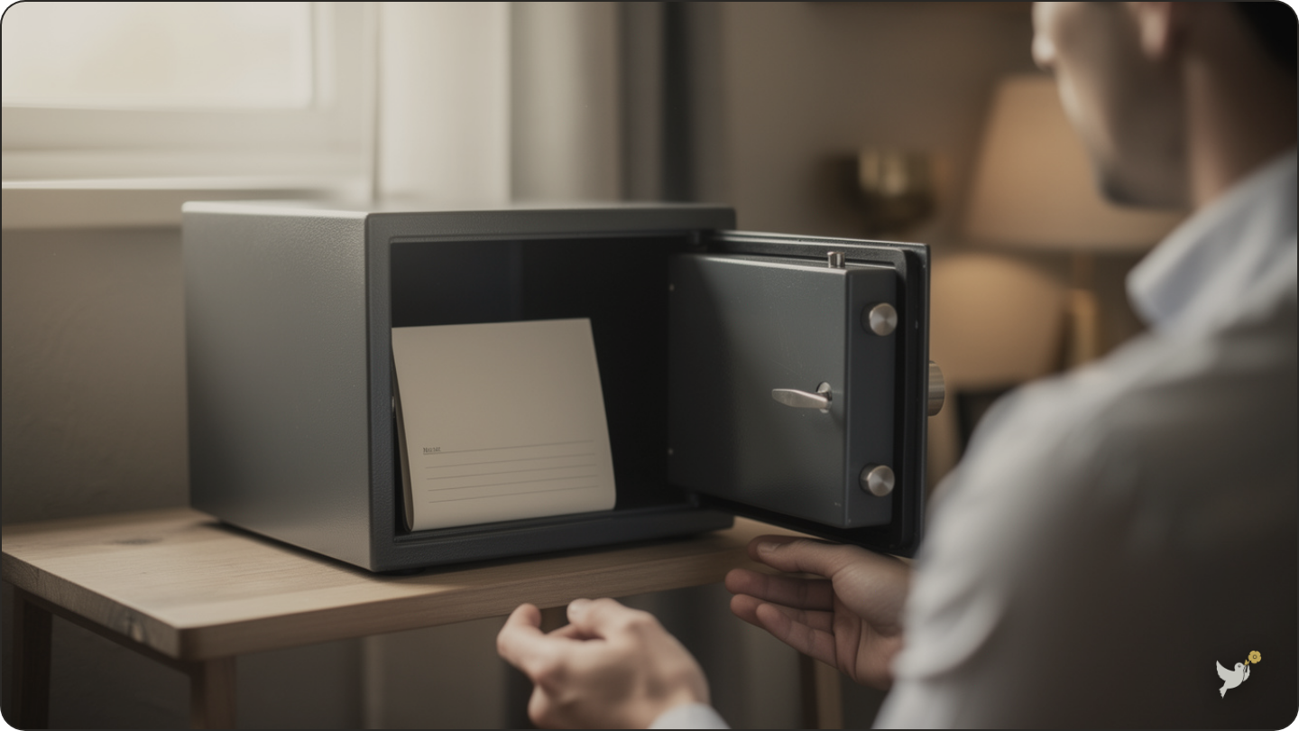 A fireproof safe used to store a printed master password securely at home
