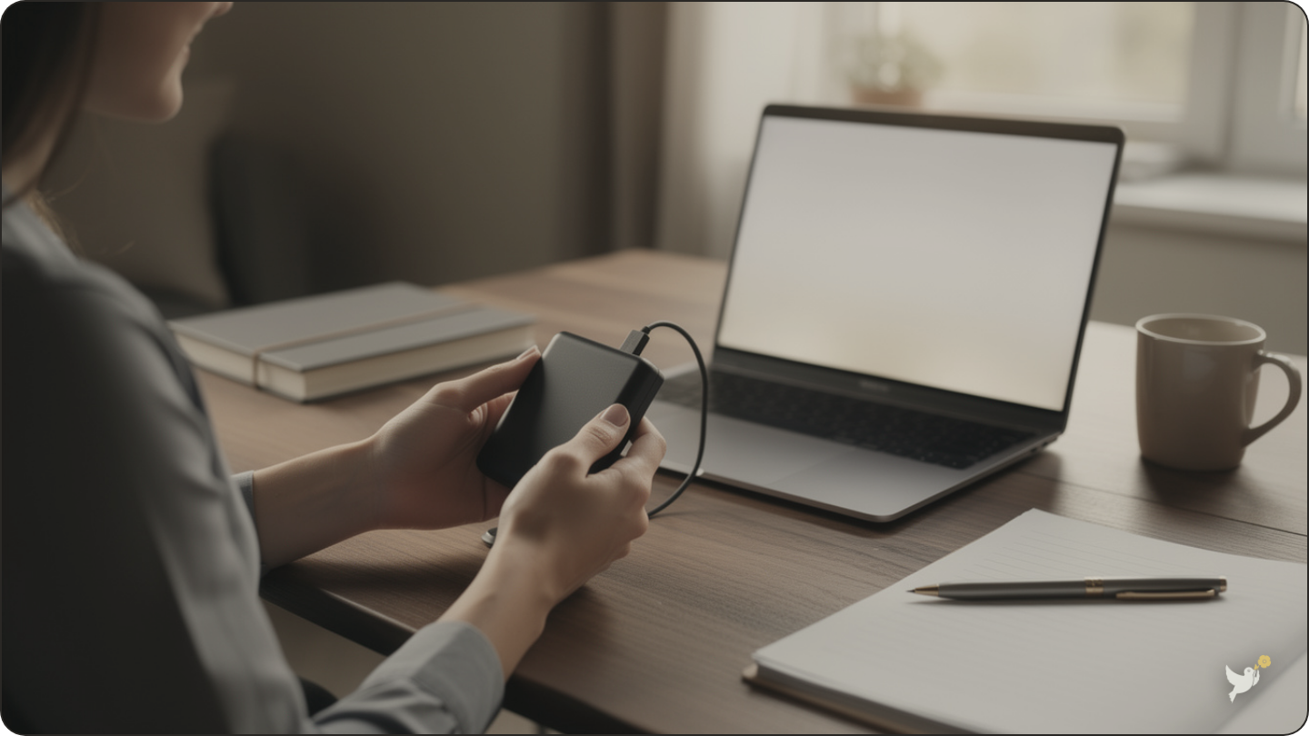 Hands connecting an external hard drive to a laptop for photo backup — protecting digital keepsakes