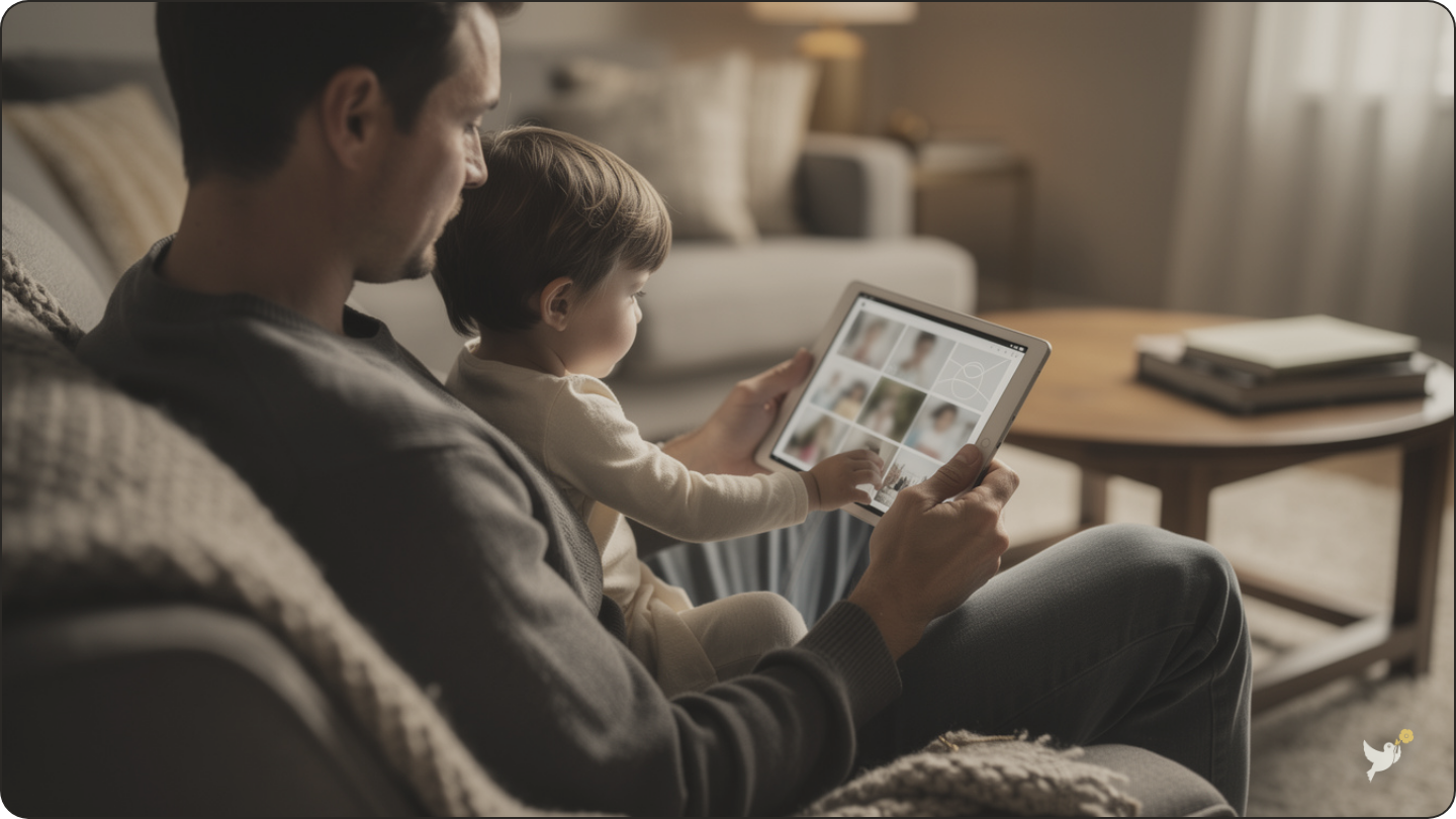 A father and child looking at a photo gallery together on a tablet