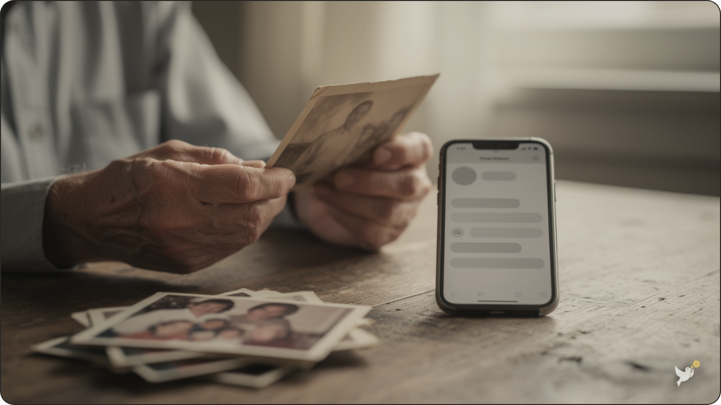 An older man holding a paper photo next to a smartphone with a photo app