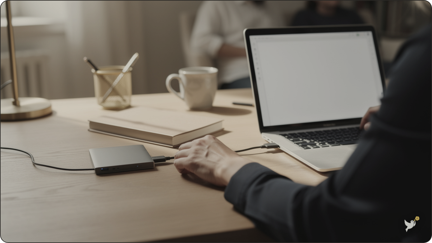 Hands connecting an external hard drive to back up digital photos — digital keepsakes