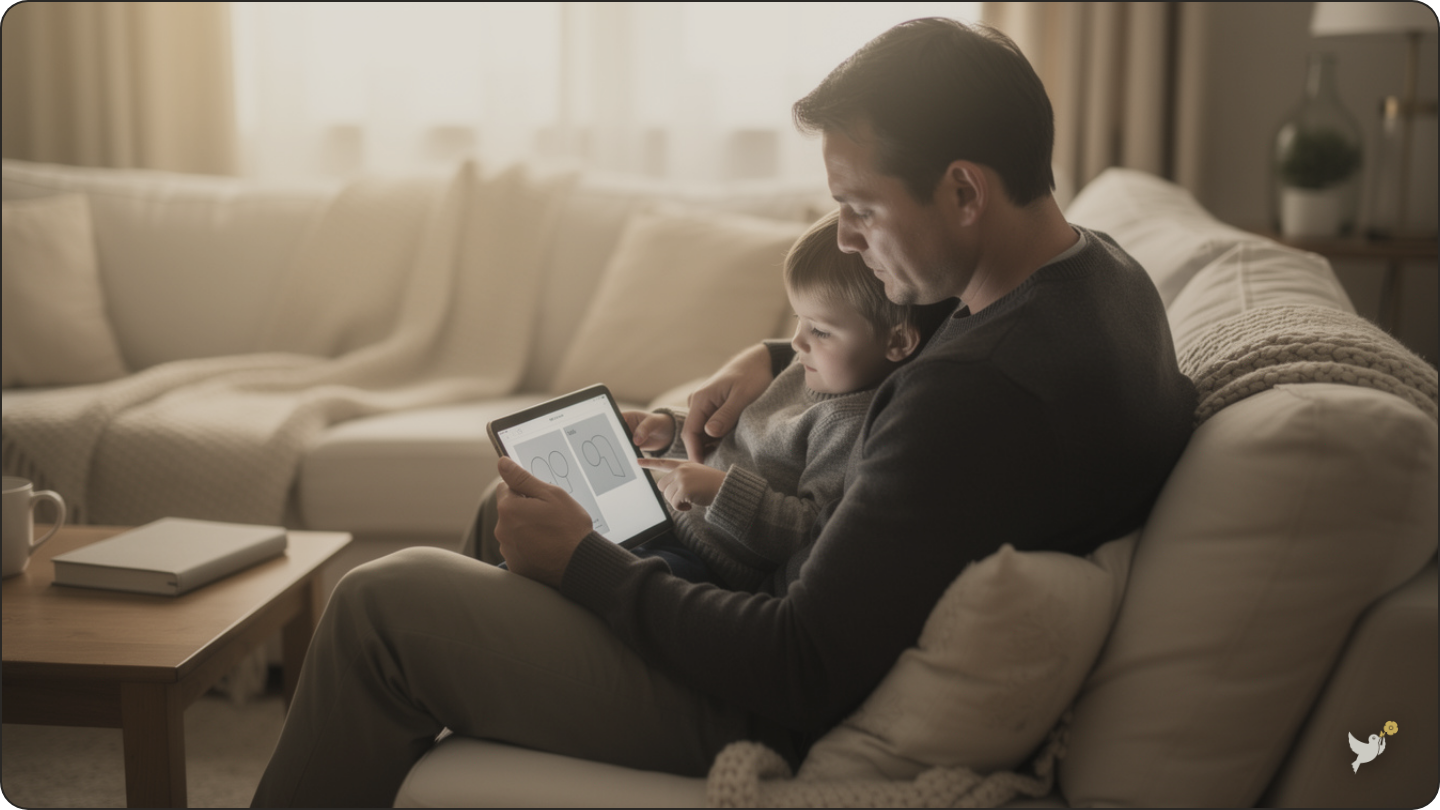 A father and child looking at family photos together on a tablet