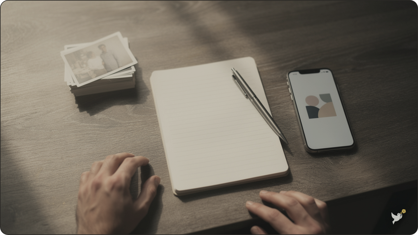 A notebook and printed photos laid out while planning for protecting photos and digital keepsakes