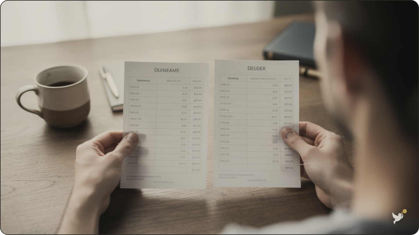 Hands comparing itemized price lists while choosing a funeral home checklist items