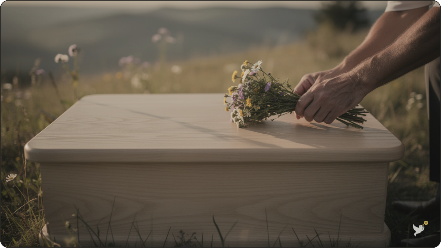 Green and Natural Burial: A Calm, Complete Guide 1 Hands placing wildflowers on a simple wooden casket during a green burial — green natural burial