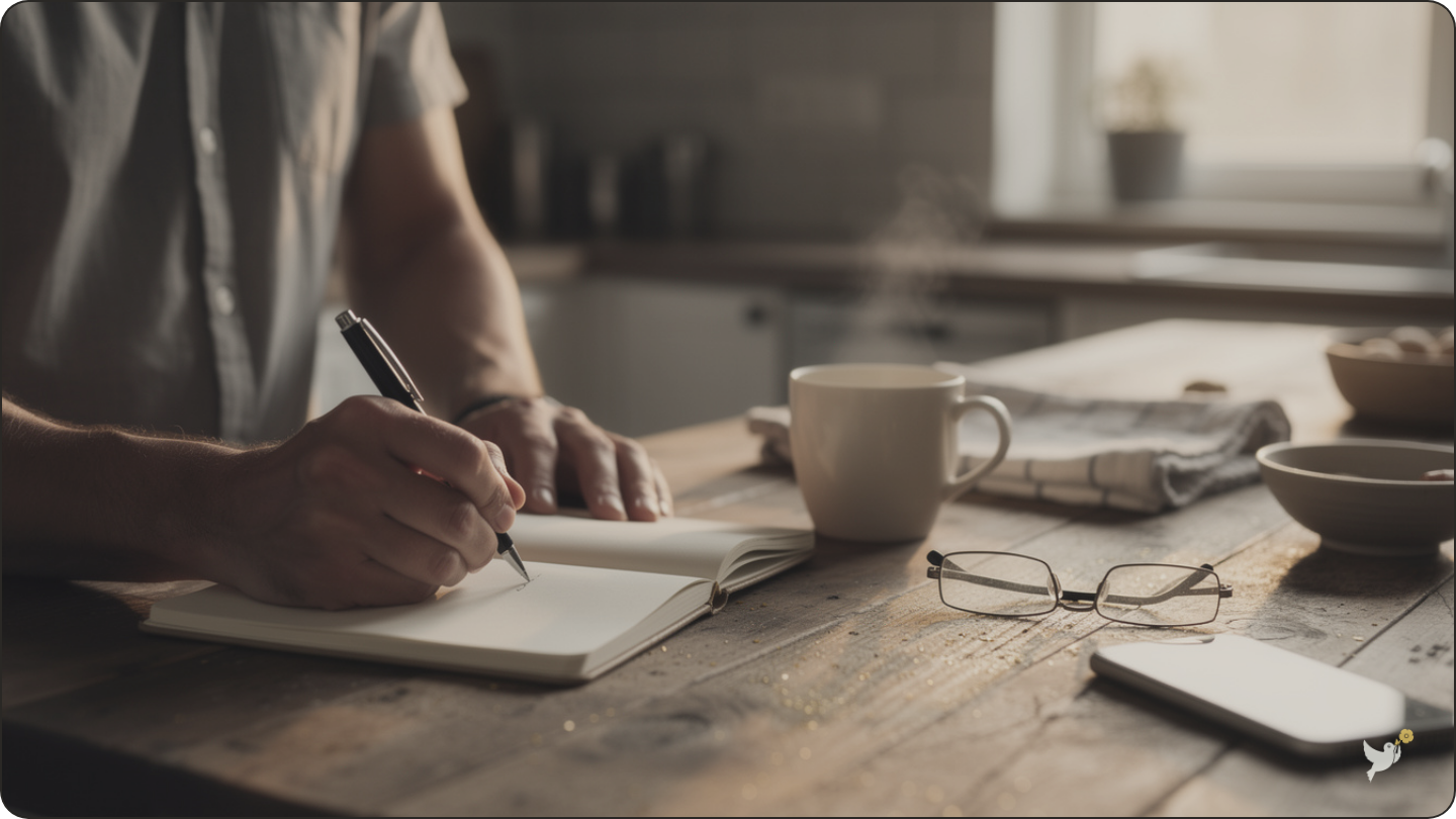 Green and Natural Burial: A Calm, Complete Guide 3 A man writing down burial wishes and planning notes at a kitchen table