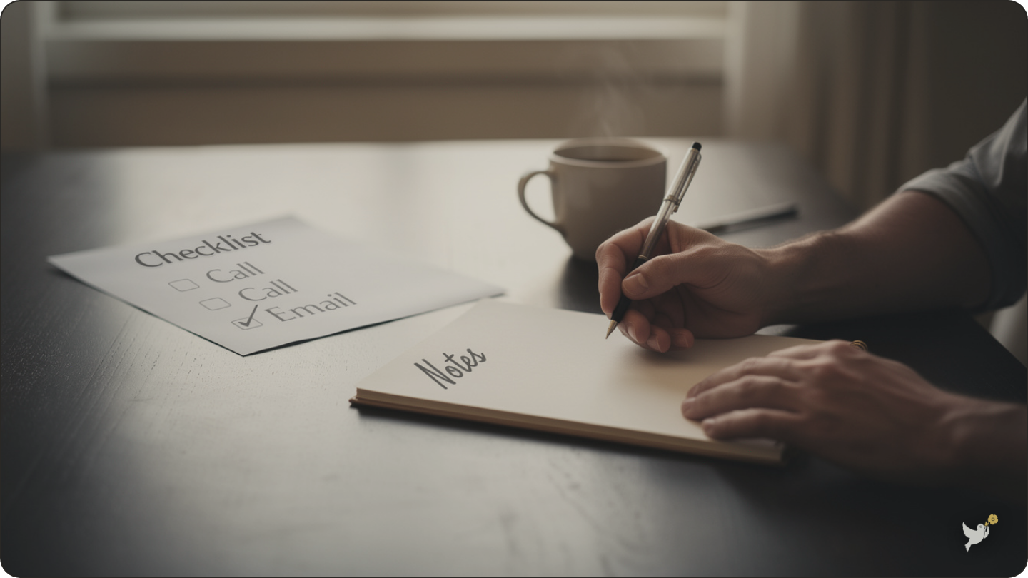 A notepad and checklist on a table for planning a memorial service