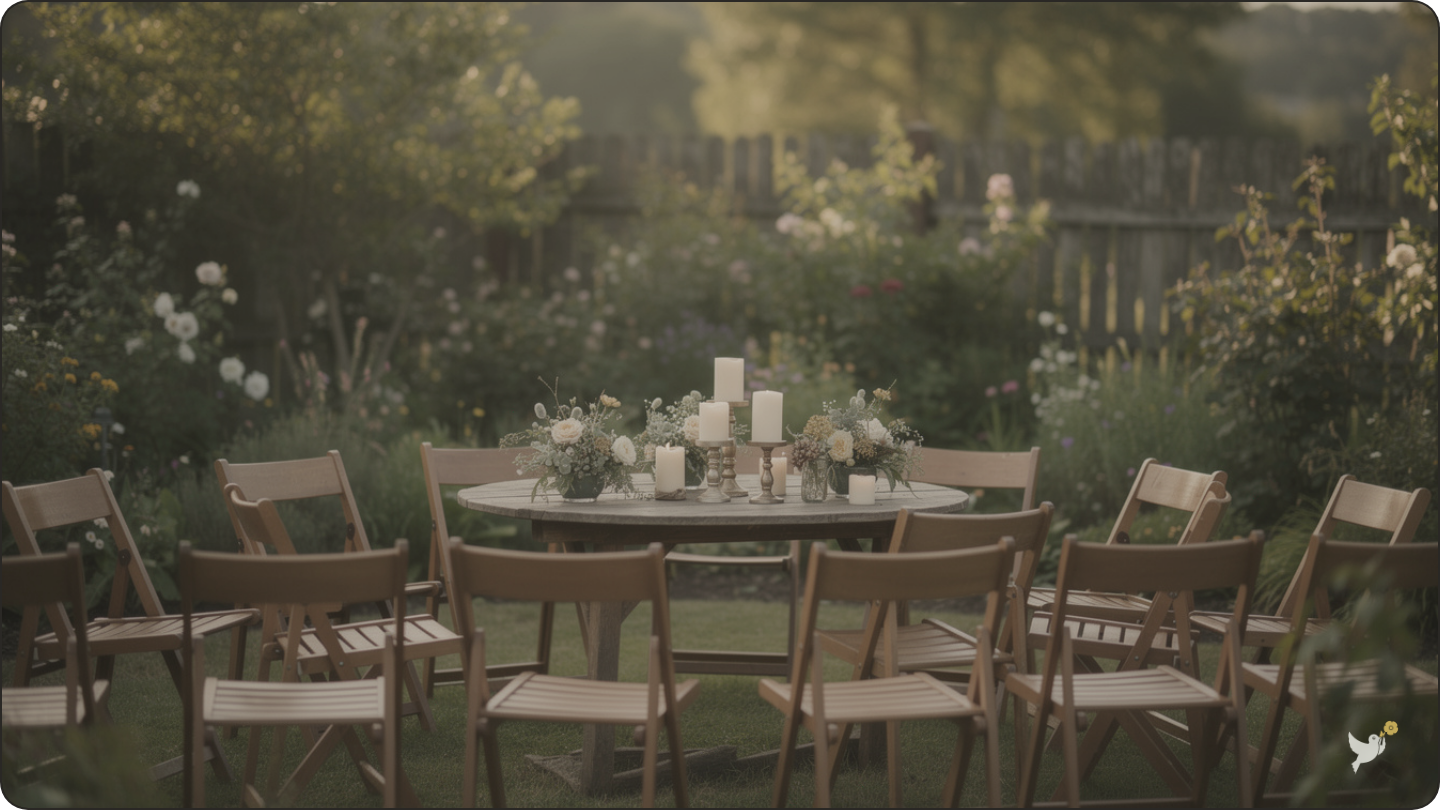 Outdoor garden chairs arranged for planning a memorial service