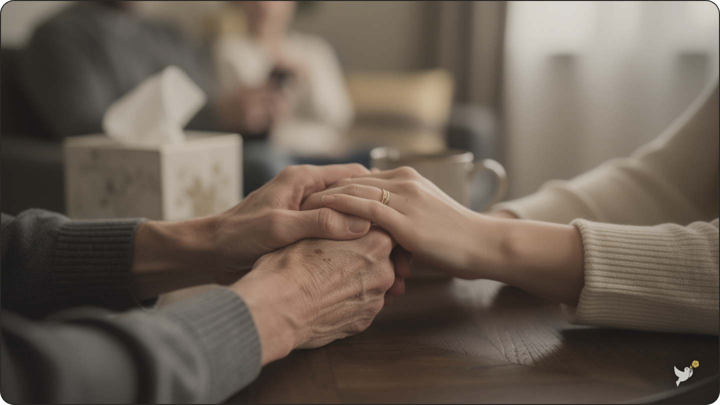 What to Say at a Funeral: A Calm, Complete Guide 1 Two people holding hands in comfort during a funeral visitation — say at a funeral
