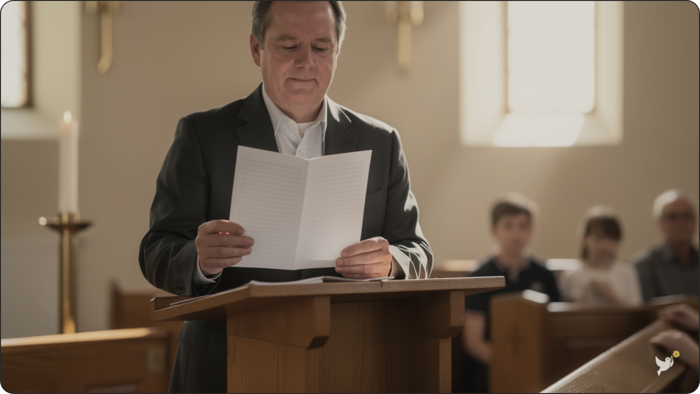 What to Say at a Funeral: A Calm, Complete Guide 2 A man preparing to deliver a funeral speech from handwritten notes