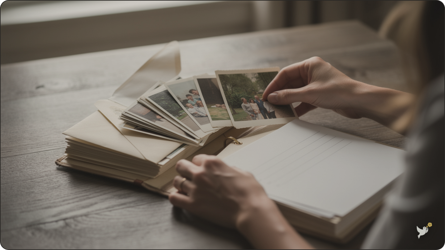 Hands organizing family documents and photos at a home table — writing your own obituary