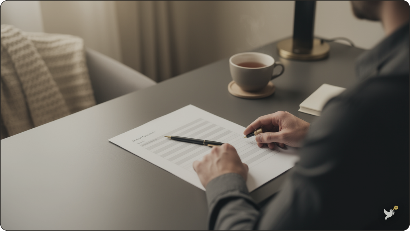 A worksheet and pen on a desk used for writing your own obituary