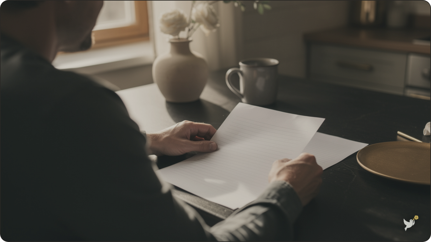Family members reviewing documents together at a kitchen table